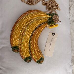Anthropologie Yellow Beaded Banana Shoulder Bag with Gold Chain